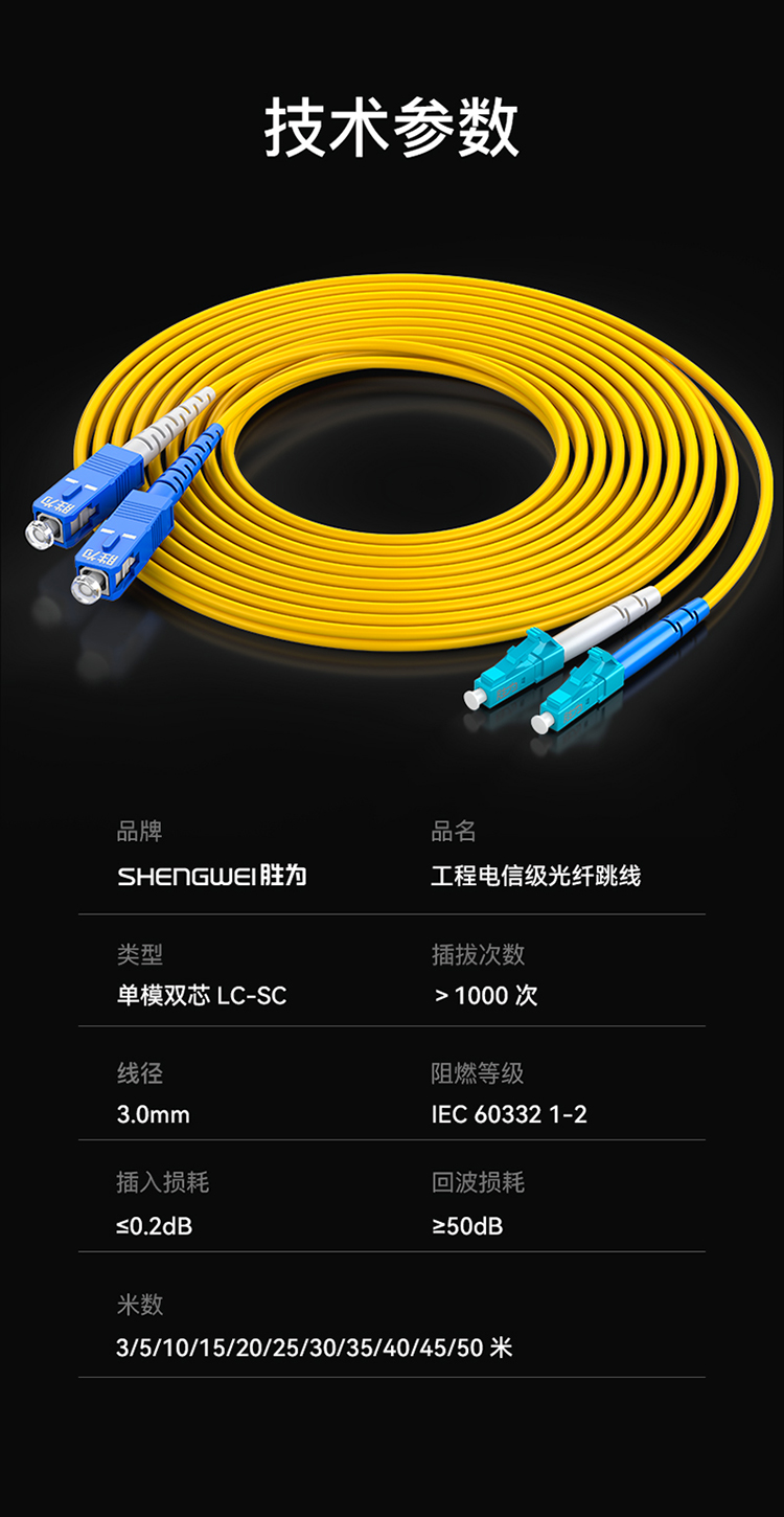 FSC-108 工程电信级光纤跳线 LC-SC单模双芯3米 9/125低烟无卤环保外被