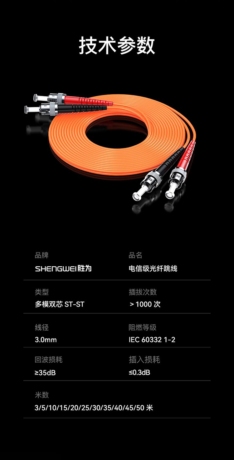 FMC-202 工程电信级光纤跳线 ST-ST多模双芯3米 62.5/125低烟无卤环保外被