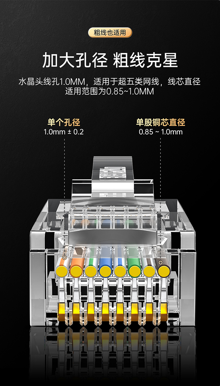 RCB-1100 水晶头超五类 镀金RJ45纯铜网络网线接头 cat5e非屏蔽8P8C电脑线缆连接器100个/盒