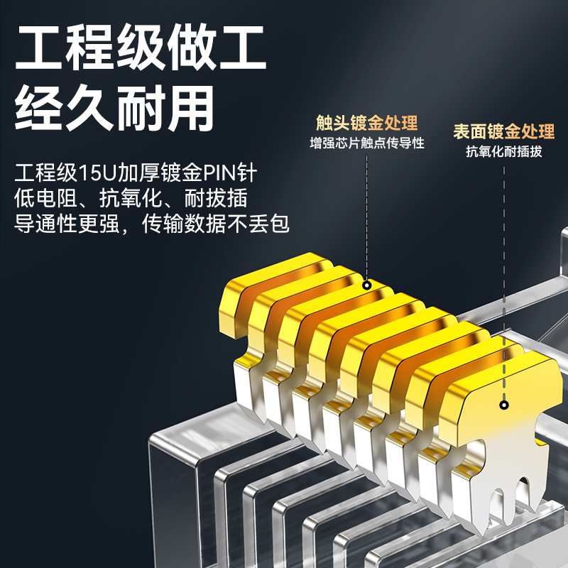 RCA-1100 超五类镀金水晶头 15U纯铜100个/盒 RJ45三叉式非屏蔽网络线缆8P8C电脑网线连接头