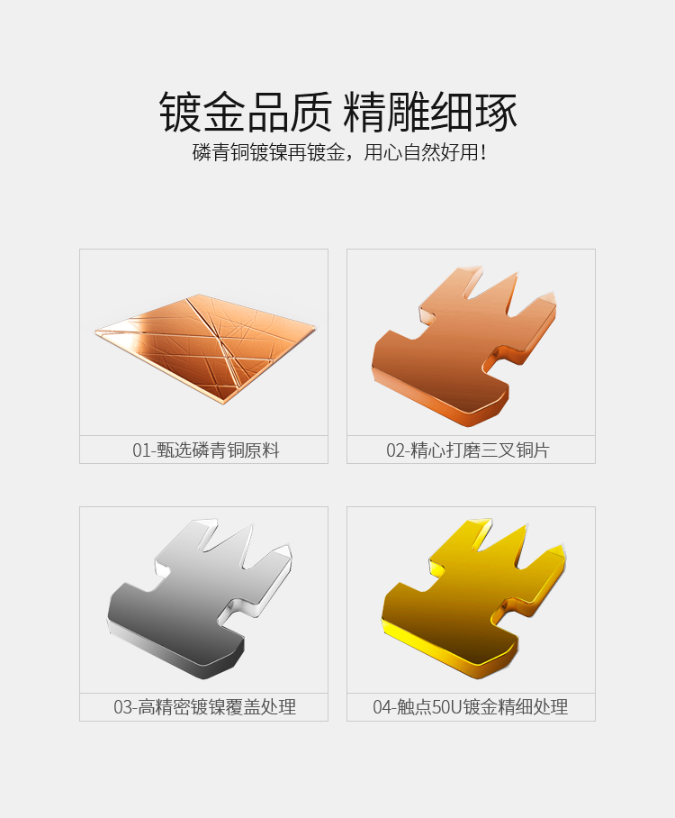RCA-3100 六类水晶头 千兆纯铜50U镀金接头100个/盒 两件式RJ45电脑非屏蔽网络8P8C连接头