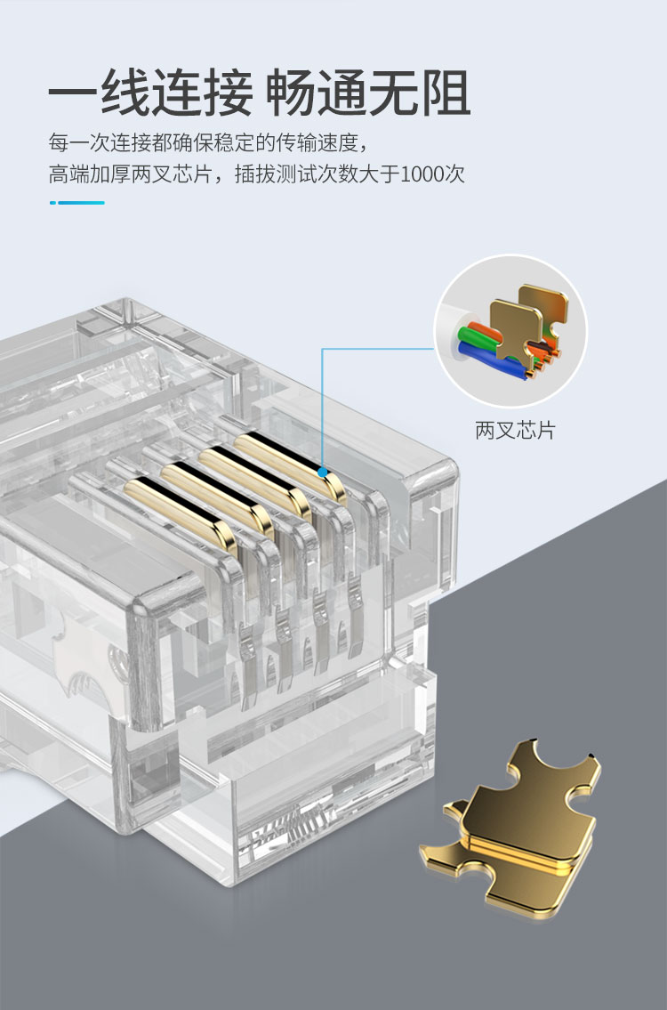 RC-1050 电话水晶头 工程级纯铜镀金接头 4芯话筒非屏蔽RJ11接口6P4C电话线连接头50个/盒