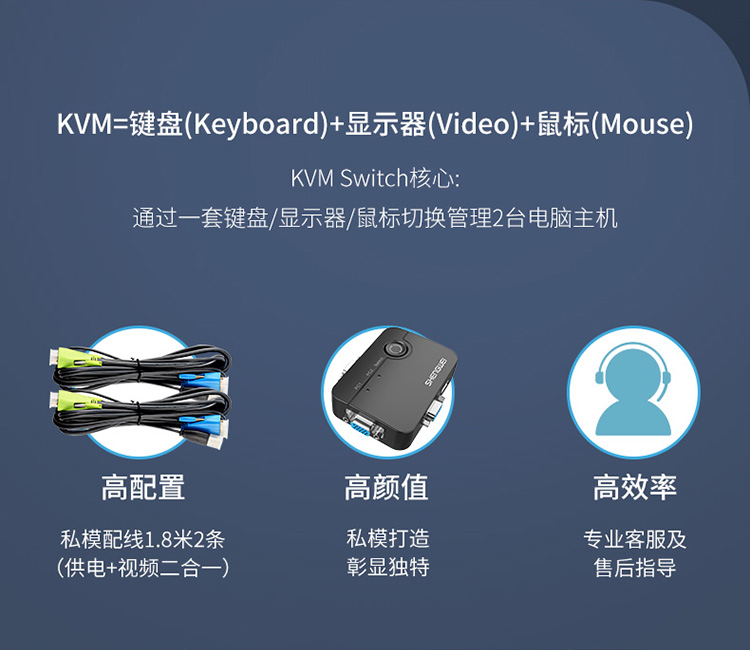 DVUS102G KVM切换器2进1出 VGA视频显示屏电脑屏幕二进一出键盘鼠标2口自动热键快捷USB打印机共享器