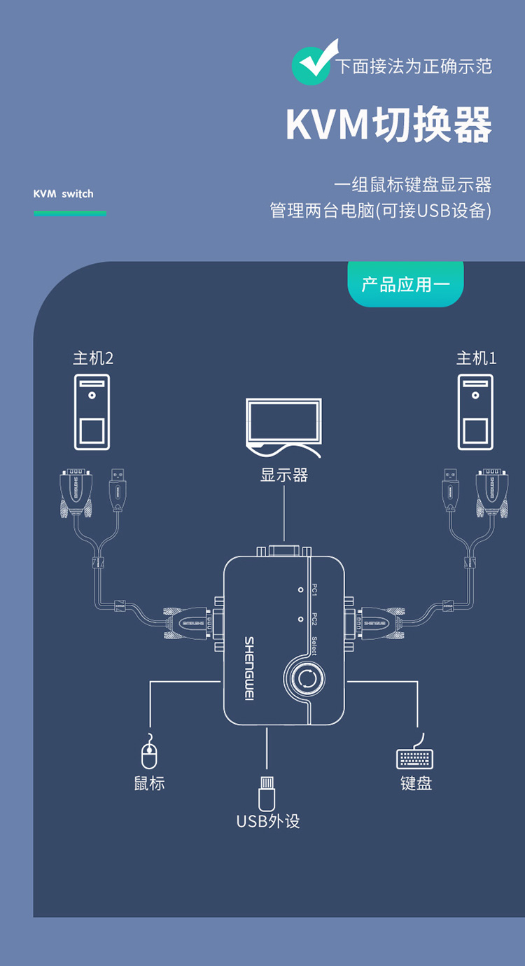 DVUS102G KVM切换器2进1出 VGA视频显示屏电脑屏幕二进一出键盘鼠标2口自动热键快捷USB打印机共享器