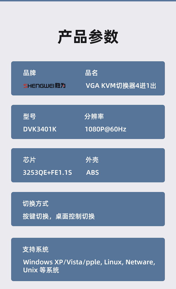DVK3401K KVM切换器4进1出VGA切屏器配线 四进一出电脑转换器4口显示器键鼠USB打印机共享器