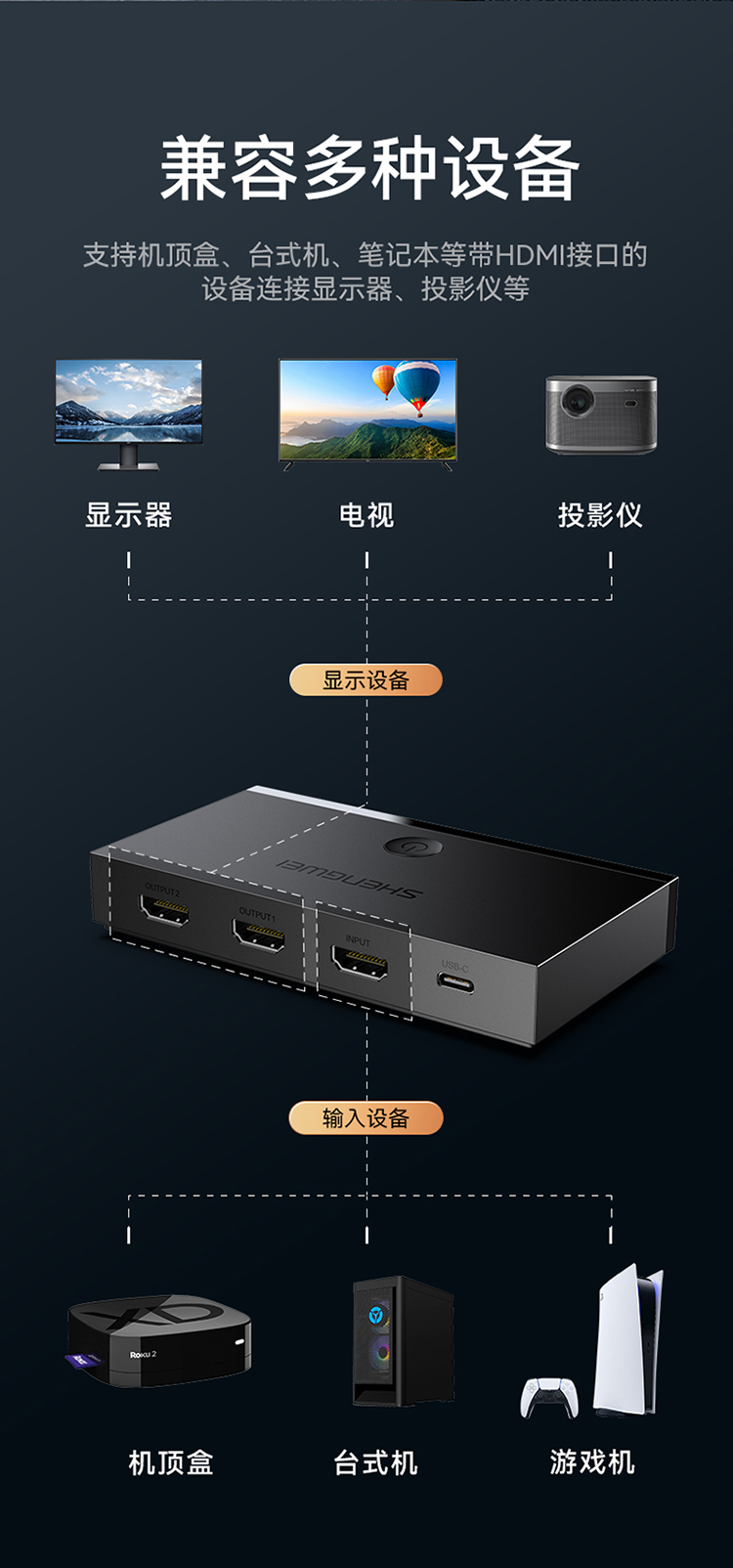 DHD2102G HDMI2.0分配器一进二出1进2出 4K60Hz高清视频分屏器一分二 笔记本电脑显示器投影仪