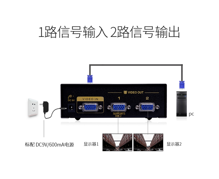 VS-5002 VGA一分二分配器 2口配原装线 500MHZ电视电脑屏幕转换视频分频