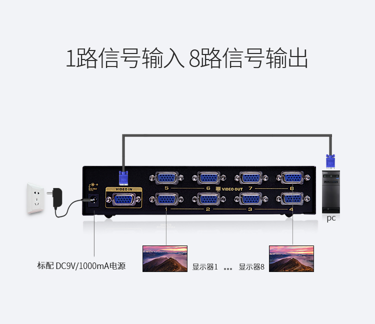 VS-5008 VGA一分八分配器 8口配原装线 500MHZ电视电脑屏幕转换视频分频