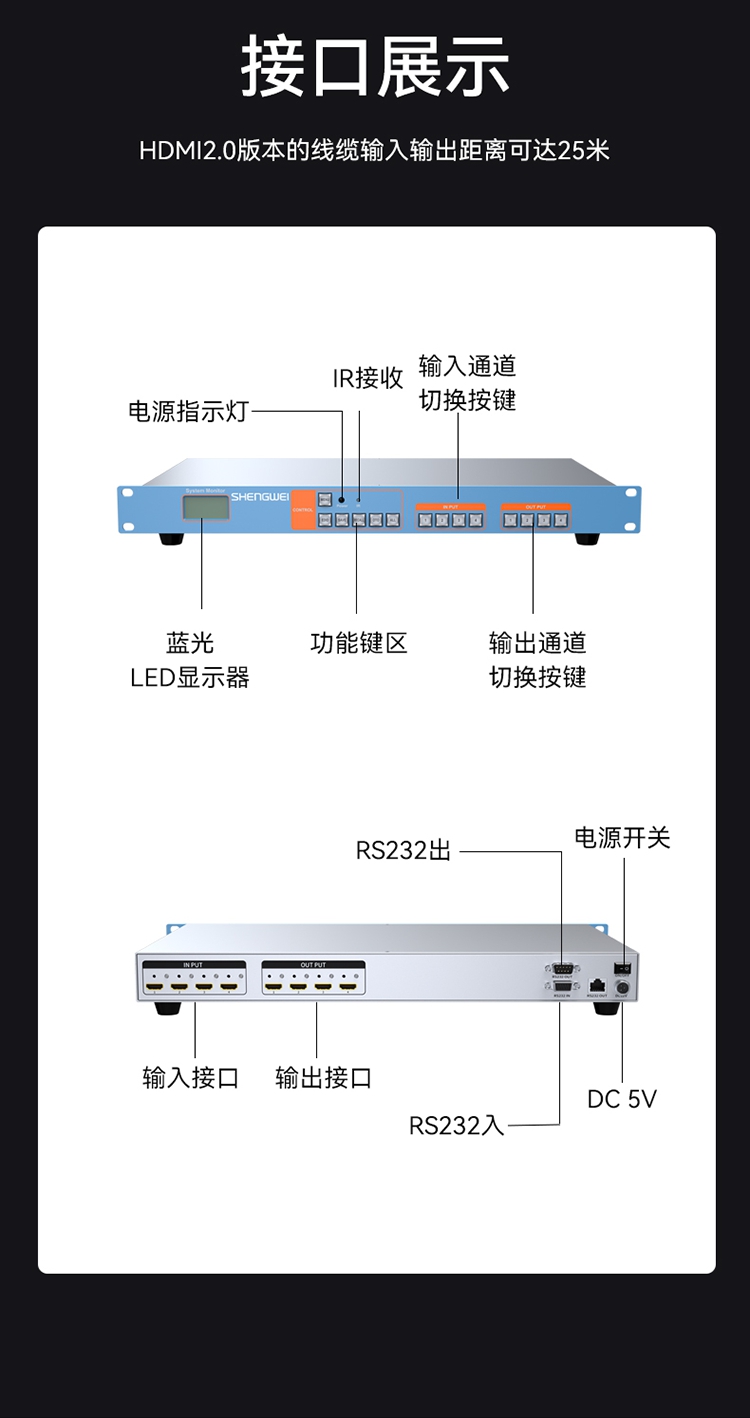 DHD0404K HDMI矩阵切换器4进4出 4K/30Hz高清音视频同步会议矩阵拼接屏控制器
