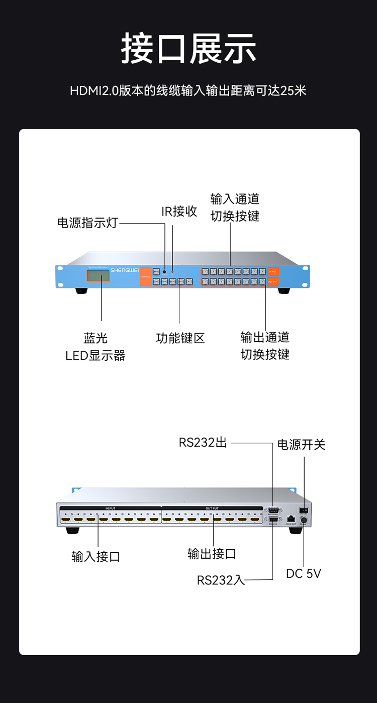 DHD0808K HDMI矩阵切换器8进8出 4K/30Hz高清音视频同步会议矩阵拼接屏控制器