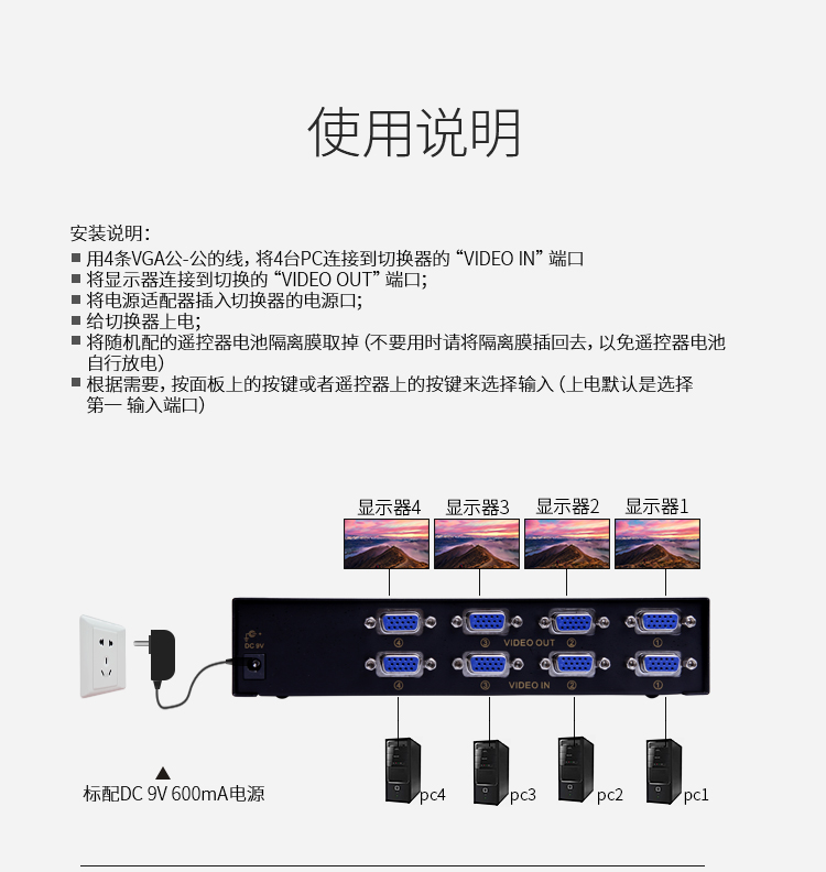 VS-2544 VGA四进四出切换器 带遥控 4进4出视频分配器共享器 高清显示器共享器