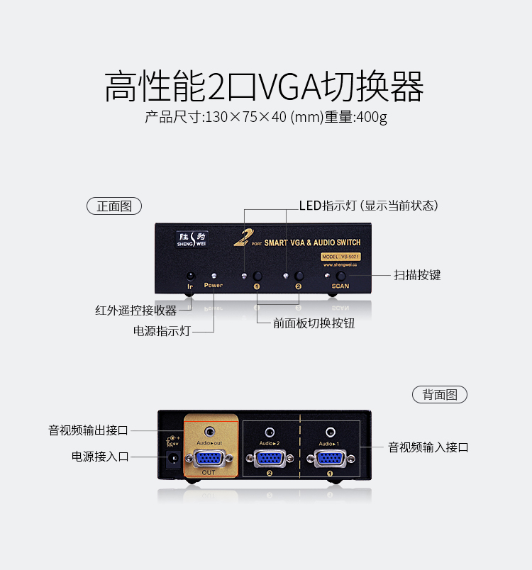 VS-5021 VGA切换器二进一出 电脑屏幕显示器音视频转换器 遥控切换配原装线