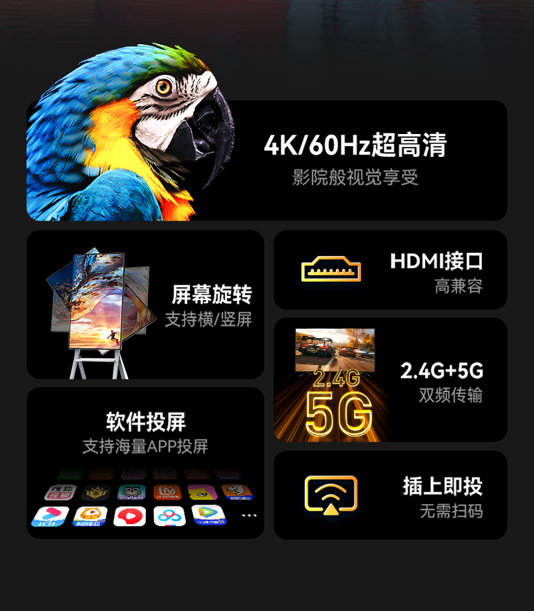 DHD0006G 竖屏/横屏直播手机无线投屏器 4K60Hz高清HDMI音视频同屏传输器 适用苹果安卓手机显示器投影仪