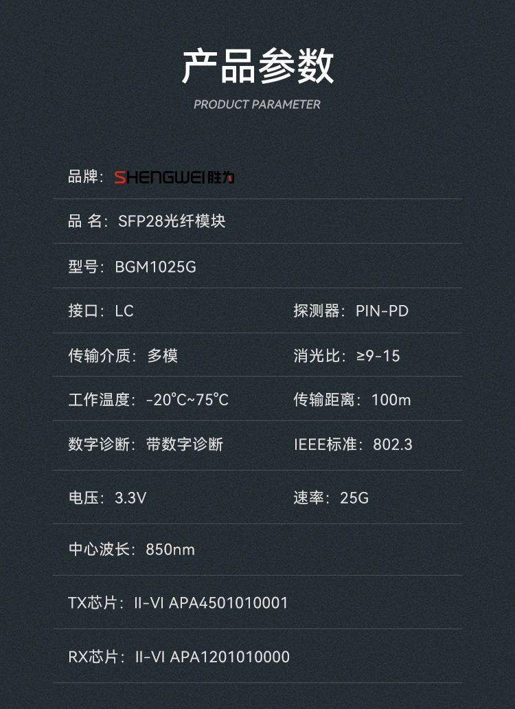 BGM1025G SFP28光模块万兆25G多模双纤光纤模块(850nm,100m,LC)兼容华为/锐捷/中兴/普联交换机